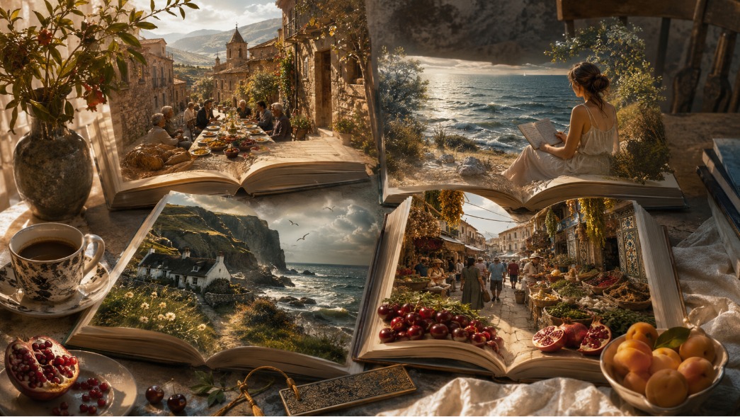  4 лёгкие книги о лете, любви и приключениях». На переднем плане — четыре раскрытые книги на летнем столе, рядом чашка кофе, фрукты, закладка и мягкий солнечный свет. Из каждой книги выходит свой мир: маленький армянский городок с тёплыми улочками и праздничным столом; озеро Мичиган и девушка с блокнотом стихов; ветреная шотландская деревушка, домик под скалой и море; шумный южный базар с зеленью, черешней, специями и людьми. 