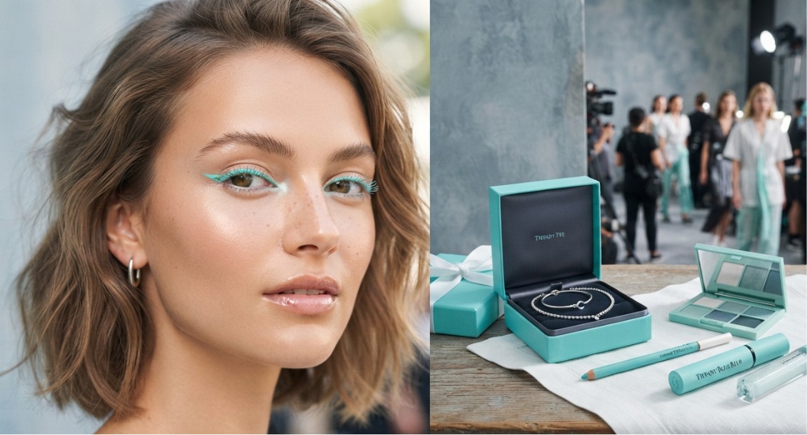 Коллаж: лицо с мятно-бирюзовыми стрелками, ресницы цвета Tiffany Blue, ювелирная коробочка, подиумный backstage и косметика в оттенках Jelly Mint