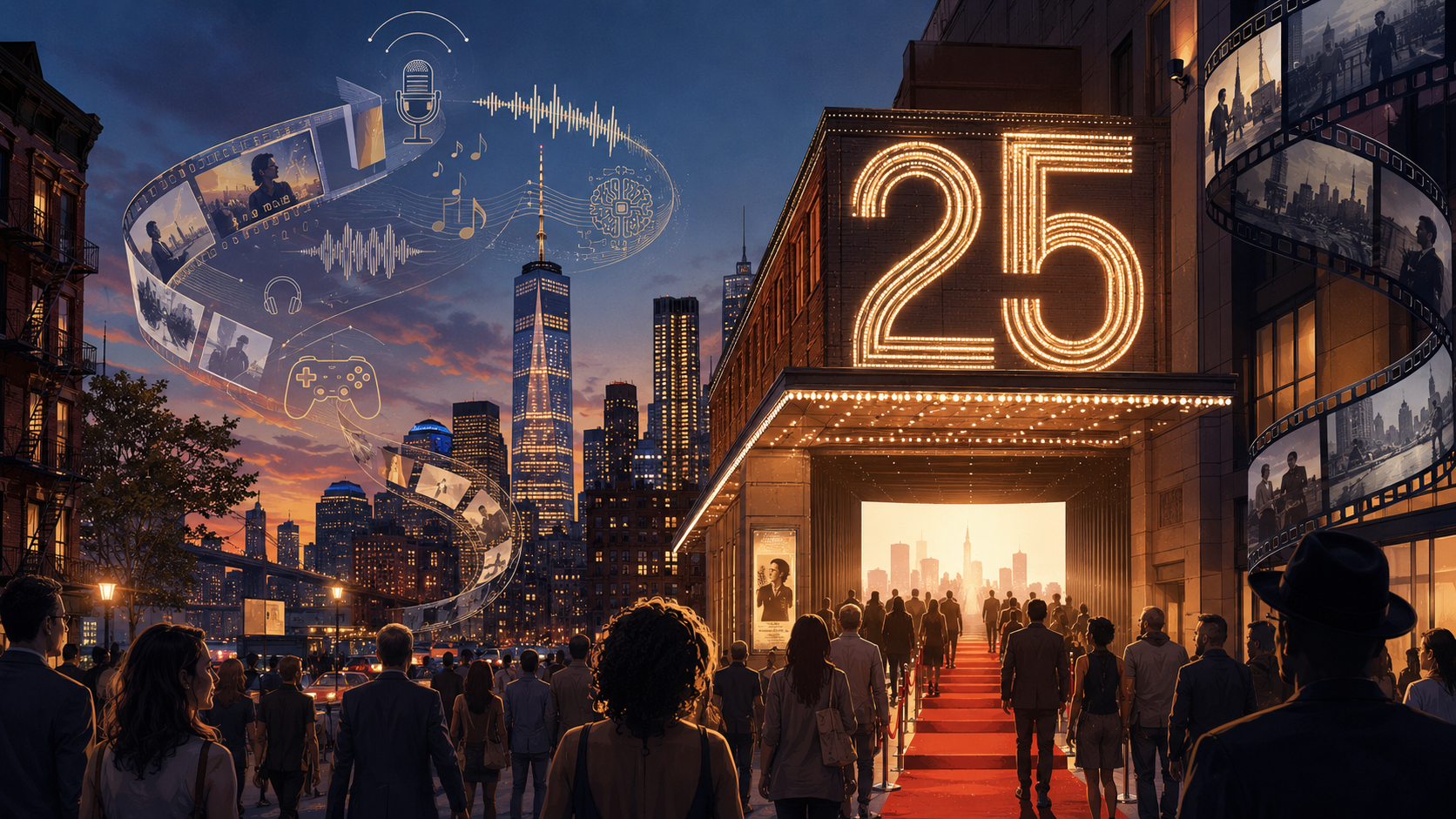 Юбилейный кинофестиваль Tribeca в Нью-Йорке: кинозал, огни города, красная дорожка, камеры и современная фестивальная атмосфера