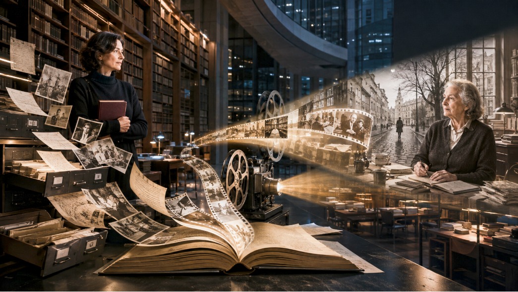 Кинопроектор освещает книги, рукописи и архивные фотографии в Национальной библиотеке
