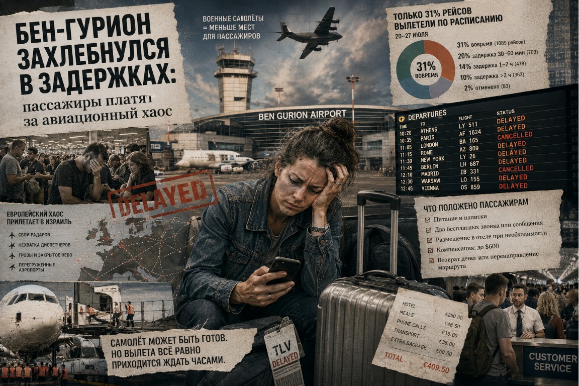 атмосферная иллюстрация в стиле «умного глянца»: перегруженный Бен-Гурион, уставший пассажир в центре, табло задержек, европейская карта авиасбоев и ощущение системного кризиса, а не единичной проблемы