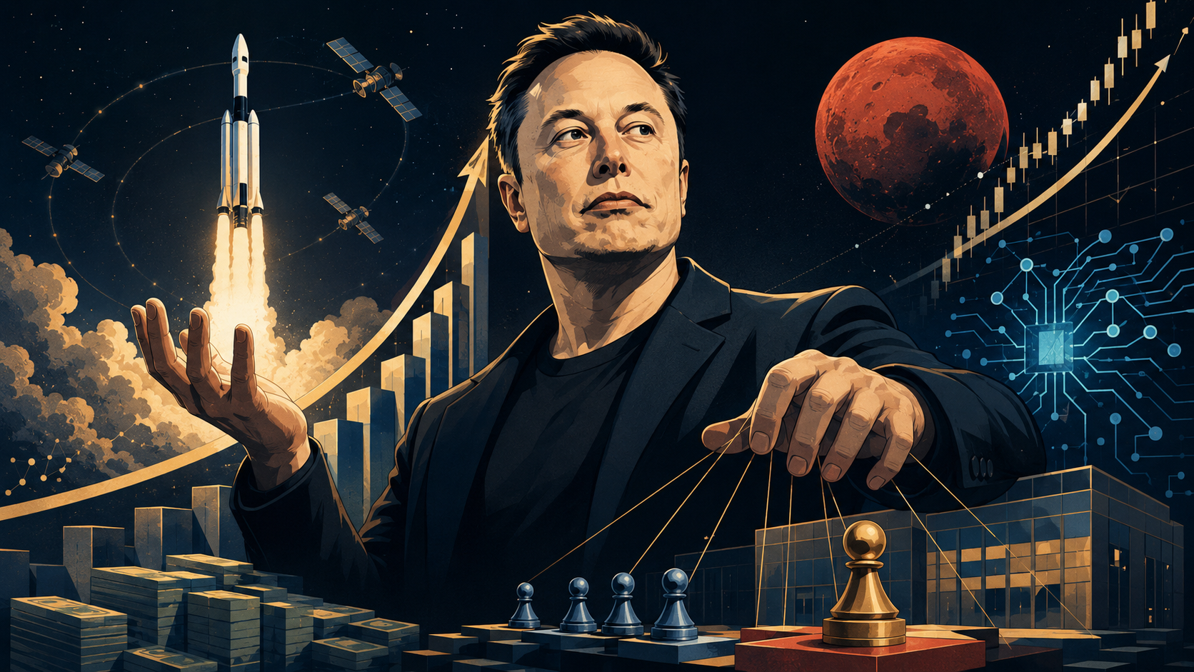 Илон Маск, ракета SpaceX, биржевой график и спутники Starlink как символ IPO космической компании будущего