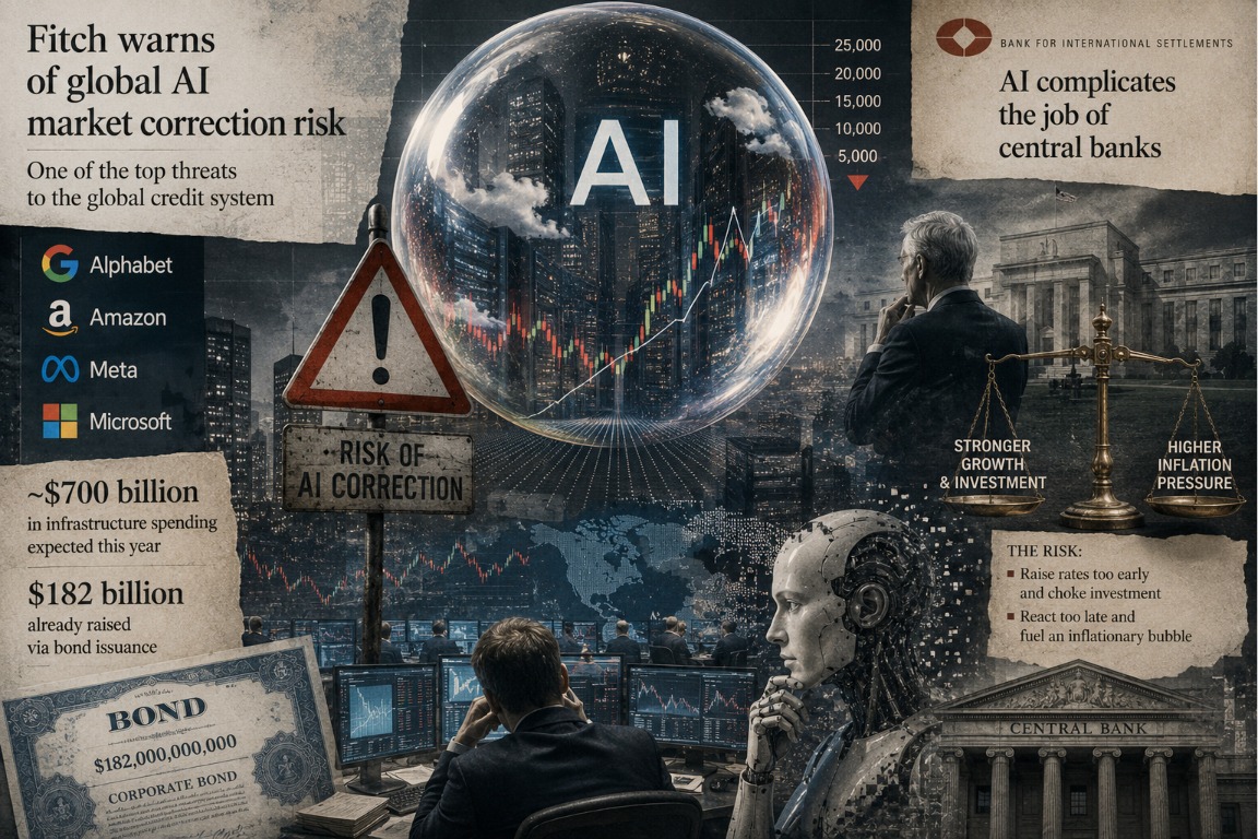 Журнальный коллаж в эстетике The New York Times Magazine: напряжённая финансово-технологическая композиция с ИИ как центром новой экономики, рынками капитала, центральными банками и ощущением приближающейся коррекции