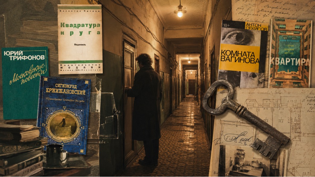 Коллаж: советская коммунальная квартира, длинный коридор с дверями, книжные обложки, ключ, план квартиры и человек перед закрытой дверью