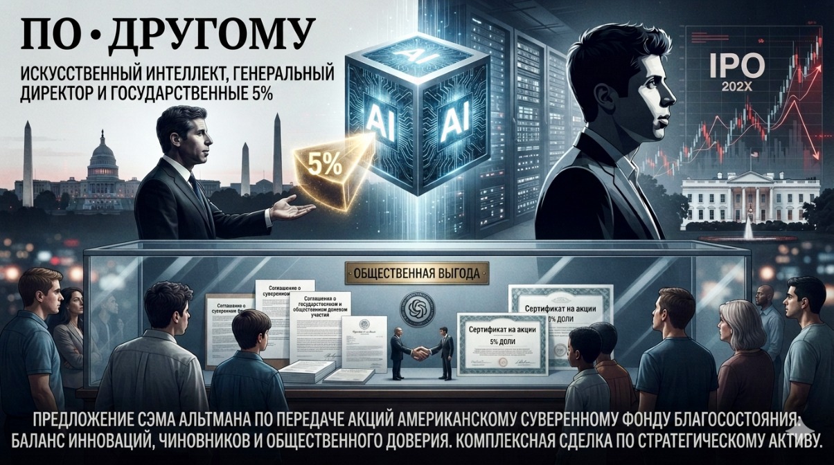 В центре — футуристический серверный куб с надписью “AI”, от которого отделяется сияющий сектор “5%” и переходит в руки силуэта государственного чиновника на фоне Вашингтона. Рядом — Сэм Альтман в условном силуэте технологического CEO, стоящий между дата-центром, Белым домом и биржевым графиком будущего IPO. На переднем плане — обычные граждане смотрят на закрытую стеклянную витрину с надписью “public benefit”, но внутри видны юридические документы, фонд, акции и политические рукопожатия