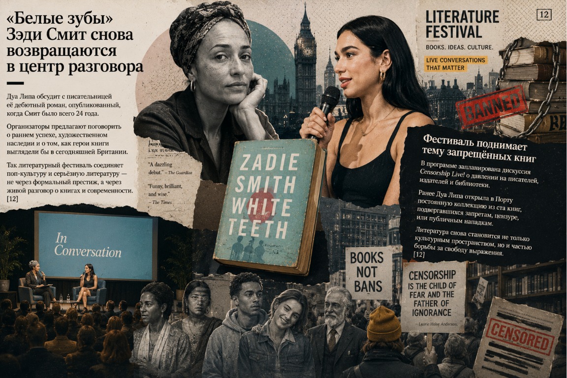 Иллюстрация в стиле «умного глянца» NYT: литературный фестиваль объединяет разговор о романе, современную культурную сцену и тему свободы слова через многослойный редакционный коллаж.