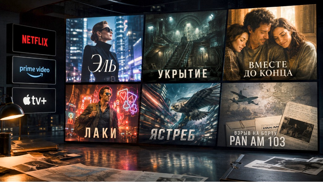 Коллаж из июльских сериалов: «Эль», «Укрытие», «Вместе до конца», «Лаки», «Ястреб» и «Взрыв на борту Pan Am 103» на фоне экранов стримингов Netflix, Prime Video и Apple TV