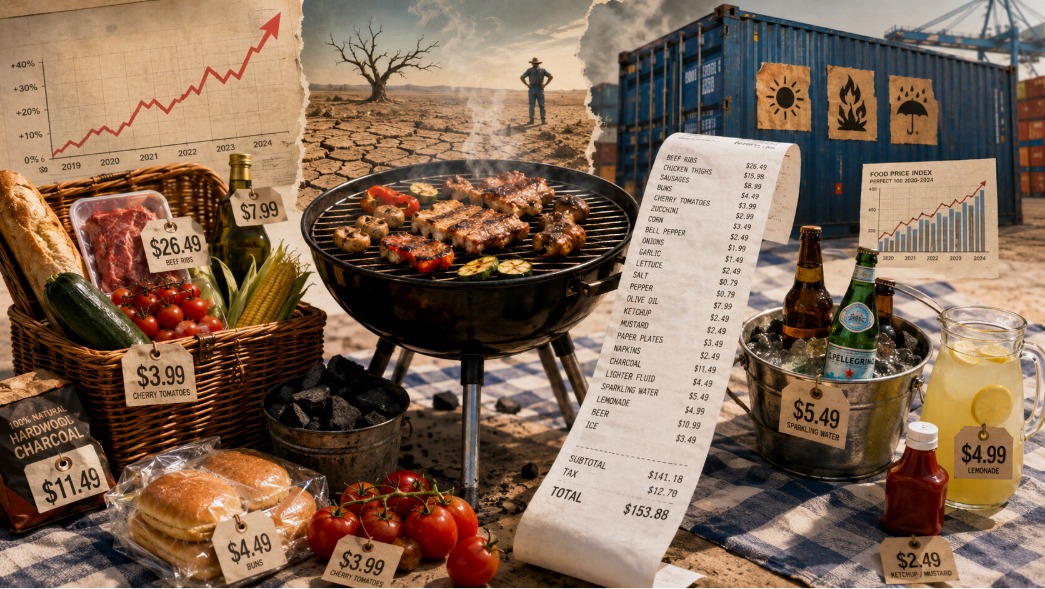 В центре — мангал или гриль, на решётке несколько кусочков мяса и овощей, рядом кассовый чек, который визуально длиннее шампура. На заднем плане — семейный плед, корзина с продуктами, бутылки напитков, уголь, помидоры, булочки и ценники. Добавить тонкие элементы экономической графики: стрелки роста цен, маленькие диаграммы, силуэты засухи и грузового контейнера как намёк на климат и логистику. Атмосфера: лето, тревожная бытовая экономика, немного юмора. Палитра: тёплый песочный, угольный чёрный, томатный красный, зелёный овощной акцент, глубокий синий