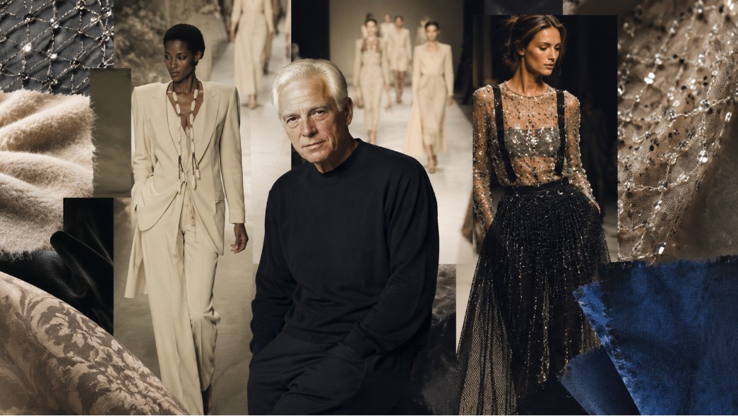 Джорджо Армани и коллекции Giorgio Armani осень-зима 1994. В центре — силуэт дизайнера в сдержанной тёмной одежде, рядом — две модные линии: мягкий удлинённый жакет с прямыми брюками и вечерний образ с прозрачной сеткой, бисером и мерцающими пайетками. На заднем плане — приглушённый подиум 1990-х, тёплая нейтральная палитра, фрагменты ткани: пушистая шерсть, чёрный бархат, дамаск, прозрачная сетка с кристаллами. Атмосфера: тихая роскошь, итальянская элегантность, мода без крика, память о великом дизайнере.