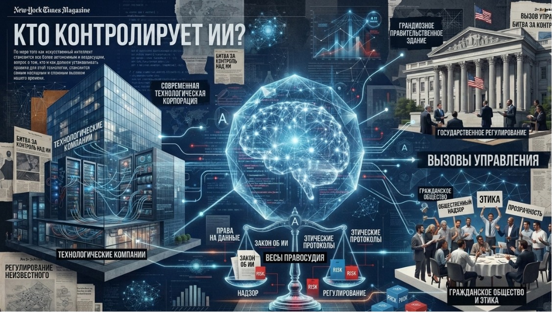 Журнальный коллаж: искусственный интеллект, весы правосудия, государственные здания, серверные стойки и люди на фоне цифровой карты регулирования.