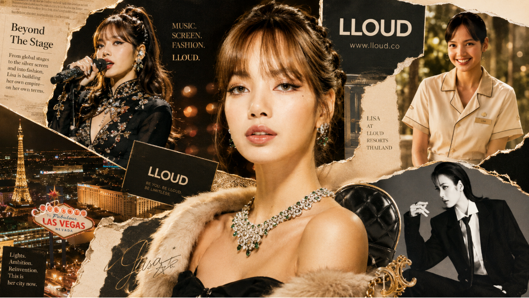 Коллаж: Лиса из Blackpink на сцене, Мук из «Белого лотоса» в форме сотрудницы тайского курорта, логотип LLOUD, огни Лас-Вегаса и элементы люксовой моды