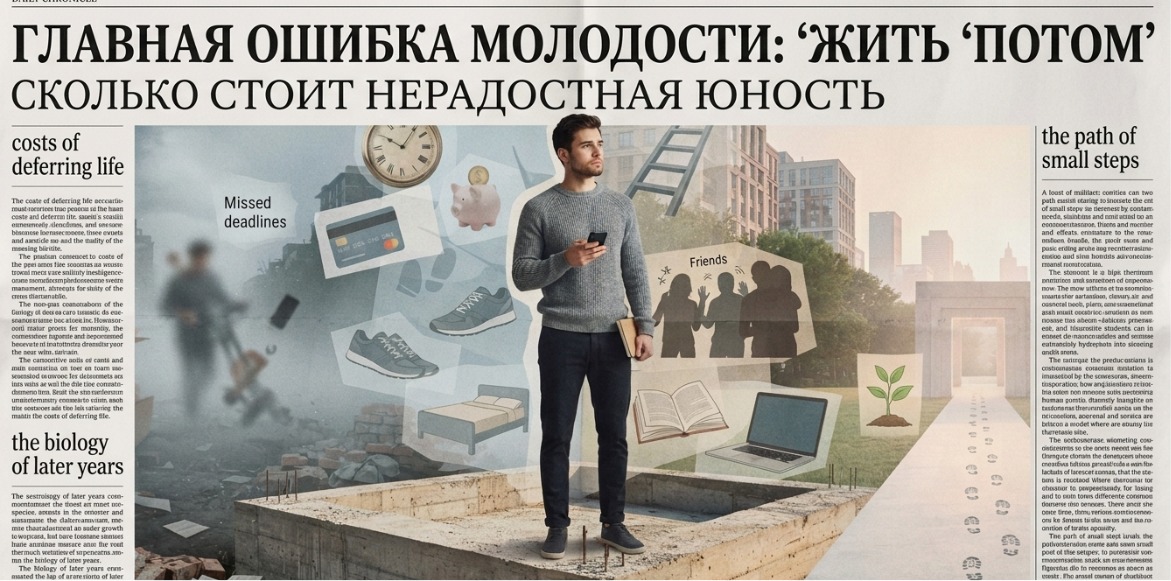Коллаж: молодой человек стоит на развилке между отложенной жизнью и строительством фундамента — часы, календарь, лестница карьеры, сердце, тело, деньги и пустой строительный каркас будущего