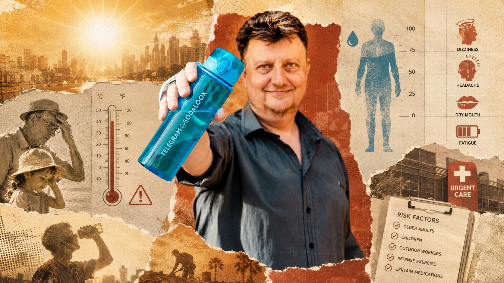 Бутылка воды в руках человека на фоне раскалённого города, рядом — тень человека и тревожные признаки обезвоживания