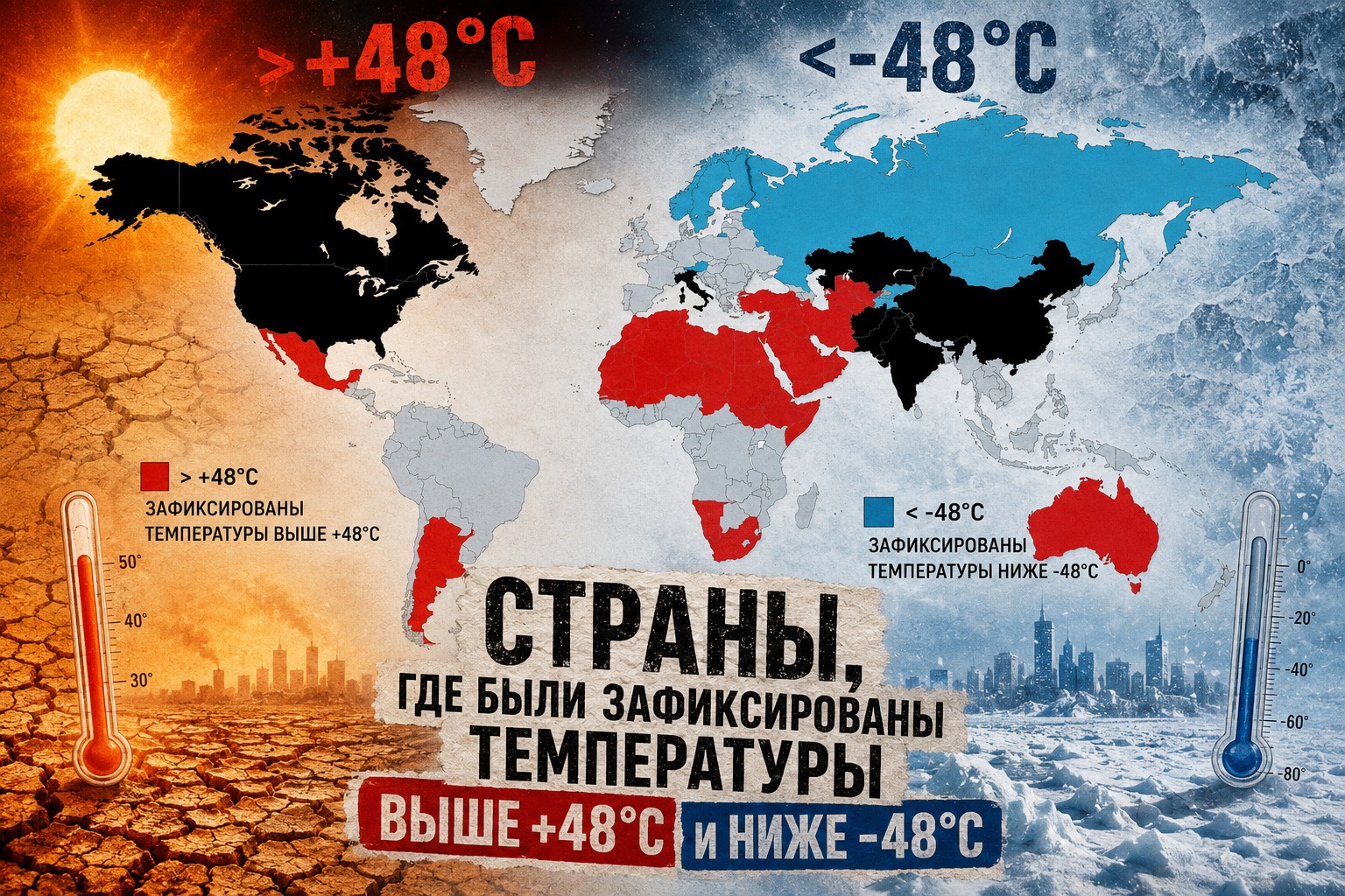 Карта. Страны, где было и жарче +48, и холоднее −48