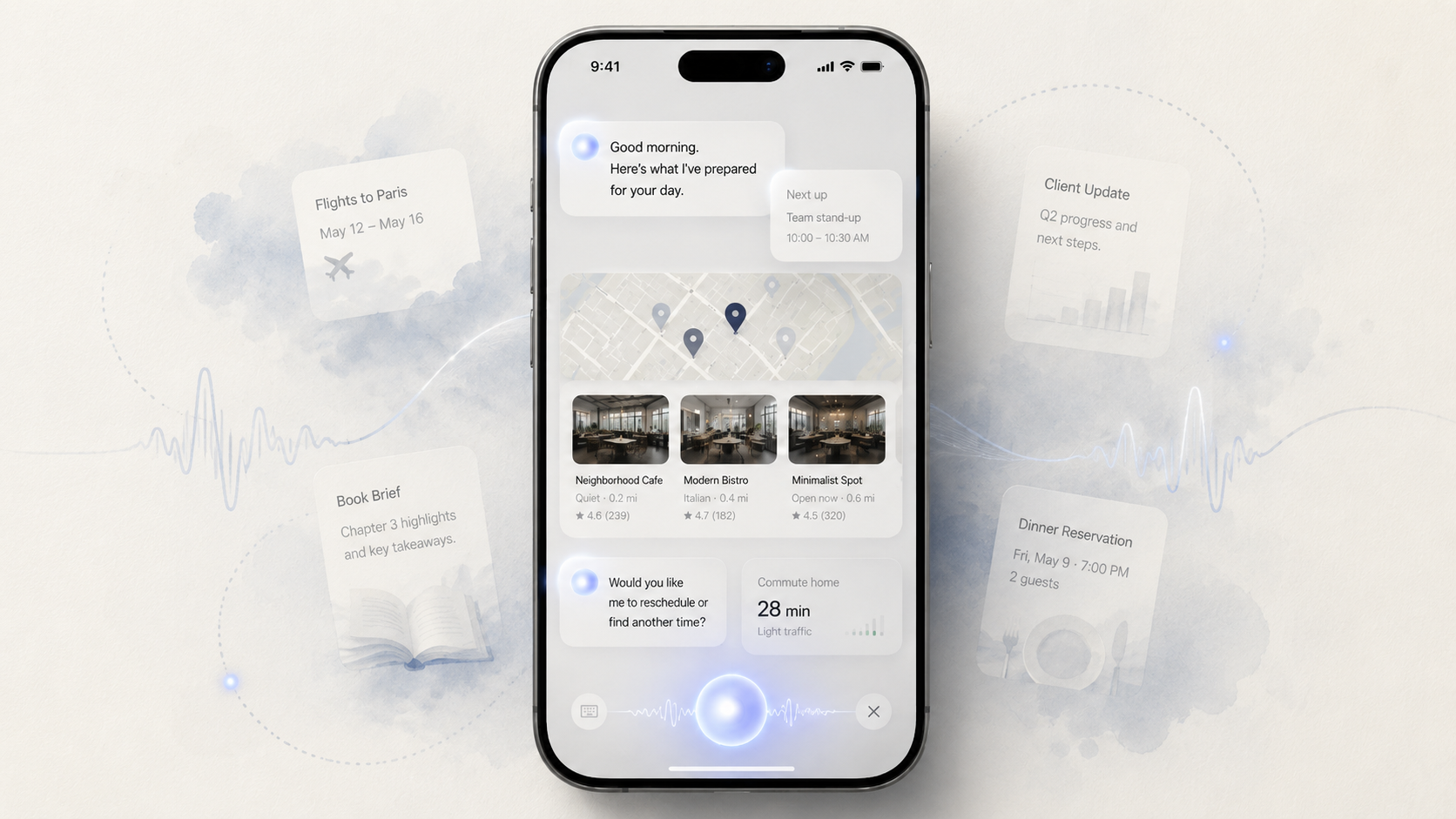 Интерфейс Siri AI на iPhone с мягким светящимся голосовым помощником, экраном Apple Intelligence и иконками приложений вокруг