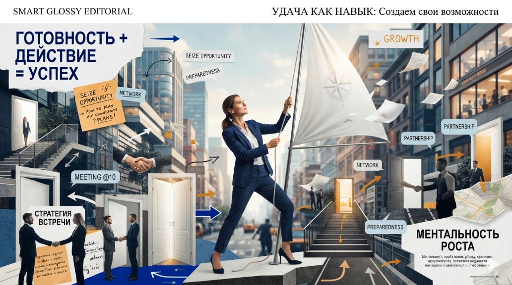Умный журнальный коллаж в стиле smart glossy editorial collage. Тема: удача как навык и создание возможностей. В центре — человек поднимает белый парус, но вместо моря вокруг него городская среда: открытые двери, лестницы, записки, рукопожатия, сообщения, маленькие стрелки маршрутов и мягкий поток ветра.