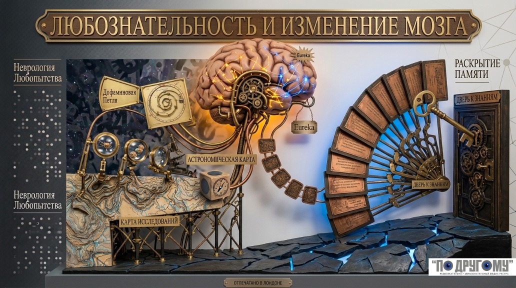 Стимпанк-коллаж на русском о мозге и любопытстве с шестерёнками, картами и дверью к знаниям.