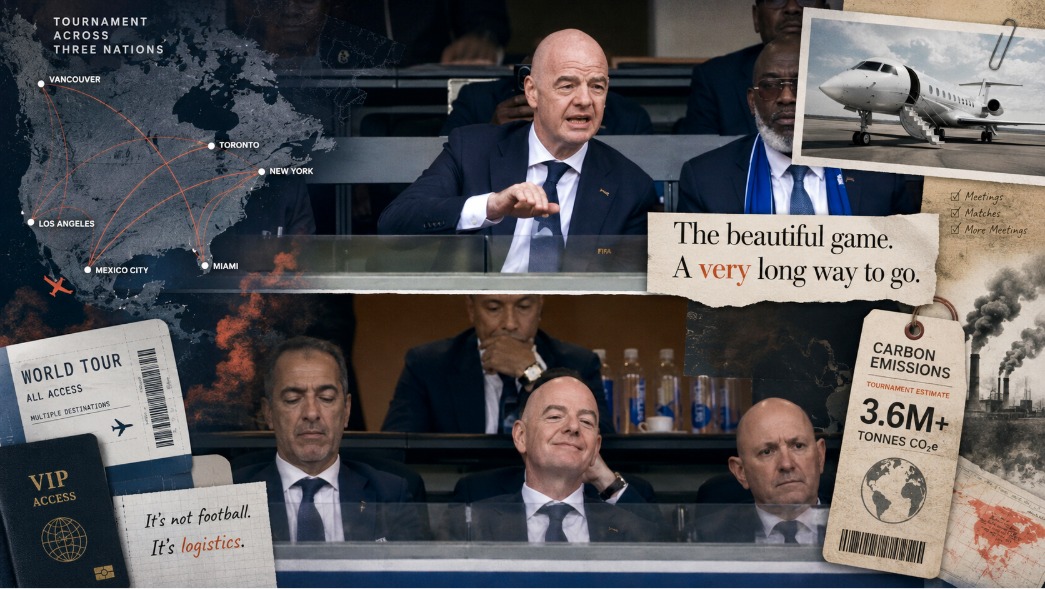 Кадры с двух параллельных матчей ЧМ-2026 превратили президента FIFA в мем. Но за шутками — частный самолёт, гигантская география турнира и огромный углеродный след.