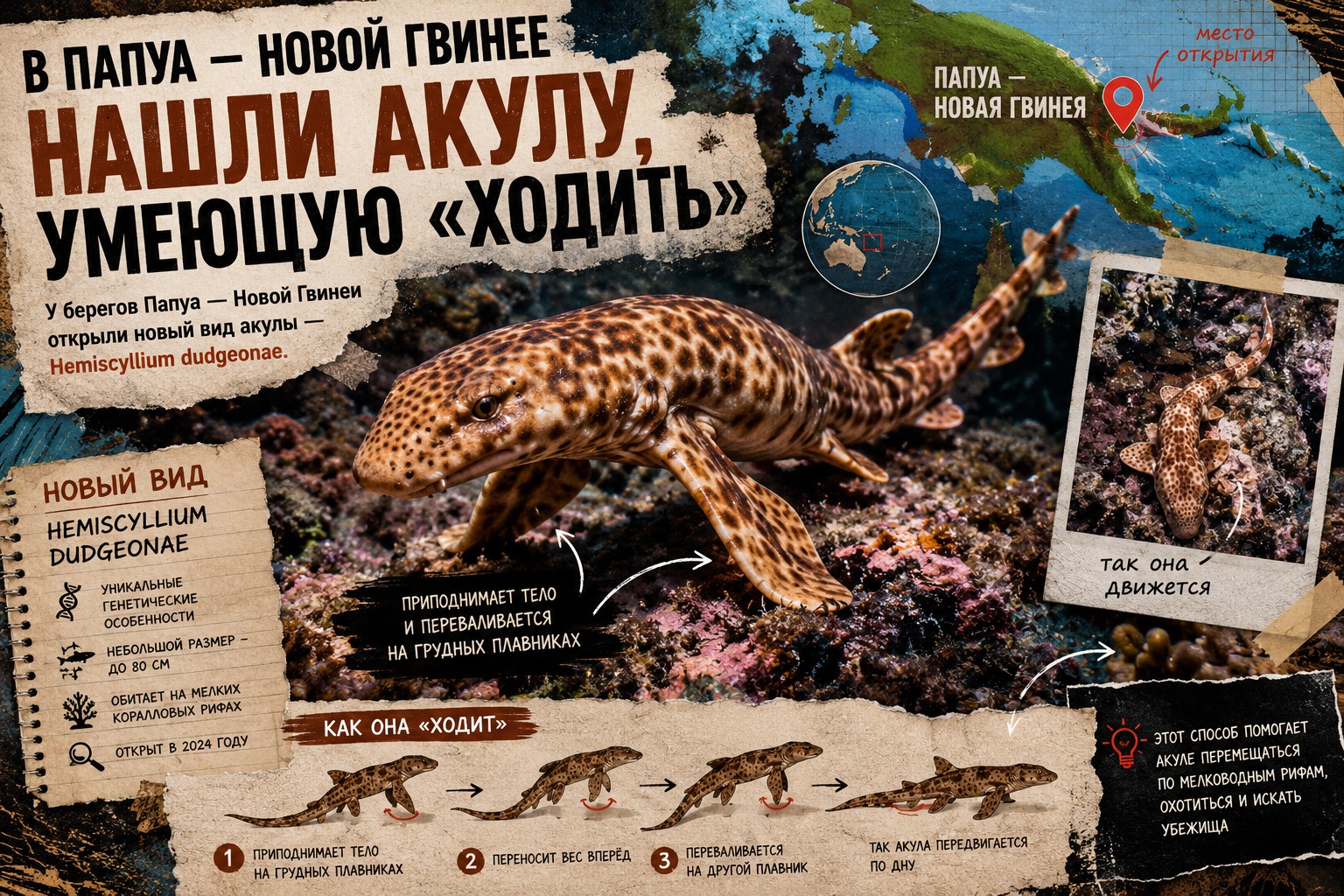 Новый вид Hemiscyllium dudgeonae передвигается по мелководным рифам на плавниках. Местные давно знали эту акулу как kadedekedewa, а теперь наука подтвердила: это отдельный вид.
