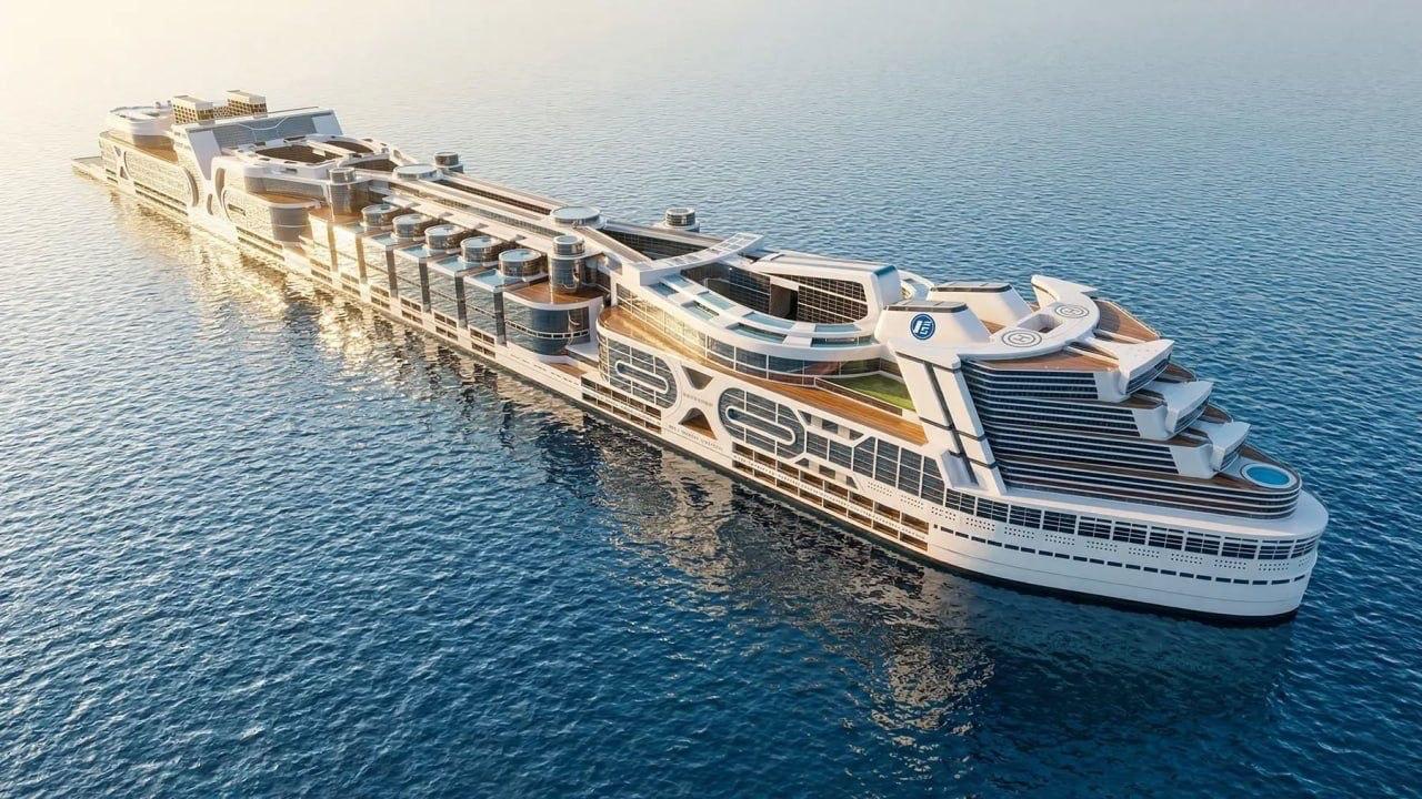 Гигантский футуристический плавучий город Freedom Ship в океане с жилыми районами, стадионом, парками, вертолётами и катерами