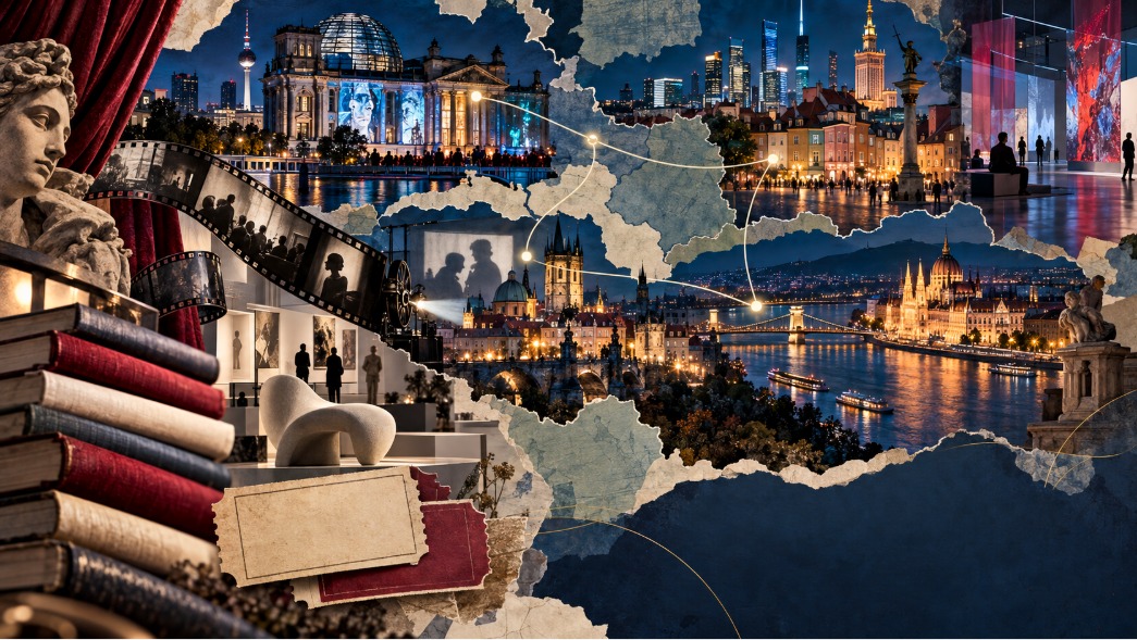 Культурная карта Центральной Европы с билетами, книгами, киноплёнкой, световыми проекциями, дизайнерскими объектами и ночными городами.