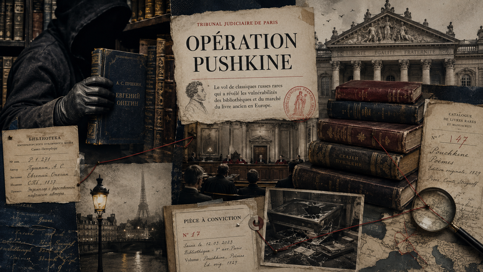 Старая библиотека, раскрытая редкая книга Пушкина, перчатки архивиста и тень фигуры в читальном зале