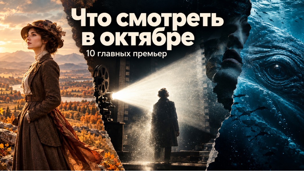 кинематографичный портрет женщины в костюме начала XX века на фоне калифорнийской долины; в центре — фигура мужчины под ослепительным лучом кинопроектора; справа — темный силуэт деформирующегося лица и огромный глаз кита под водой