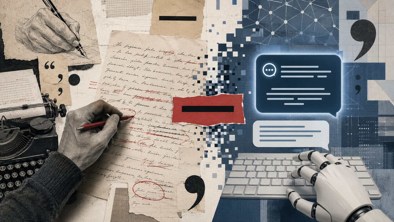 Коллаж в стиле NYT: пишущая машинка, экран чат-бота, длинное тире как улика, рукописные правки редактора и человеческая рука, переписывающая машинный текст
