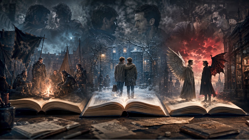 На переднем плане три раскрытые книги, из каждой выходит свой визуальный мир: мрачный отряд наёмников у костра и боевые знамена; советская подростковая фантастическая сцена с двумя друзьями на фоне зимнего вечера и странных обстоятельств; ангел и демон в строгих силуэтах на фоне апокалиптического неба и старого книжного магазина. Общая атмосфера: мужская дружба, проверка, молчание, верность, ирония, сложная близость. Цветовая палитра: серо-синий, тёмный графит, тёплый огонь костра, мягкий золотой книжный свет