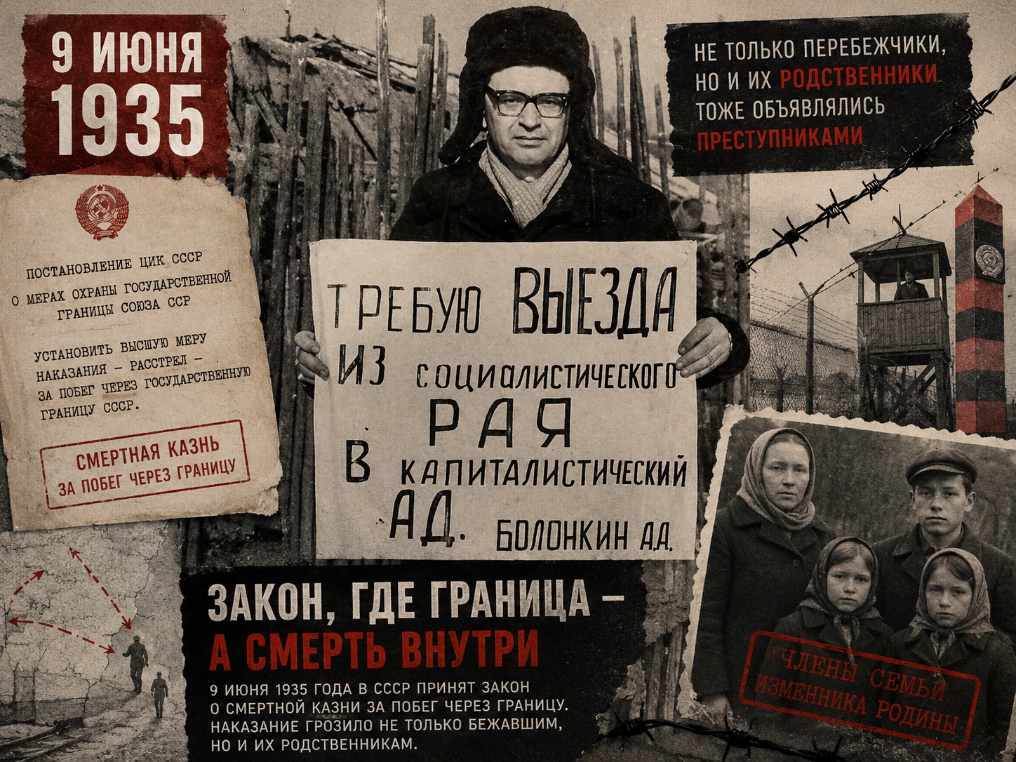 Советская пограничная вышка, колючая проволока, паспорт, старый загранштамп и силуэт человека у закрытой границы