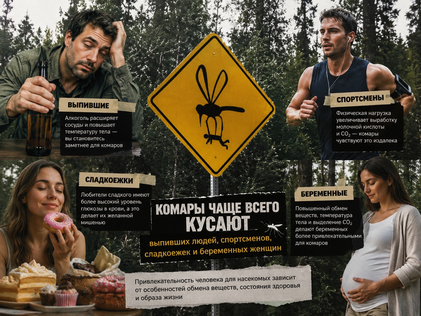 Комары чаще всего кусают выпивших людей, спортсменов, сладкоежек и беременных женщин. Привлекательность человека для насекомых зависит от особенностей обмена веществ, состояния здоровья и образа жизни