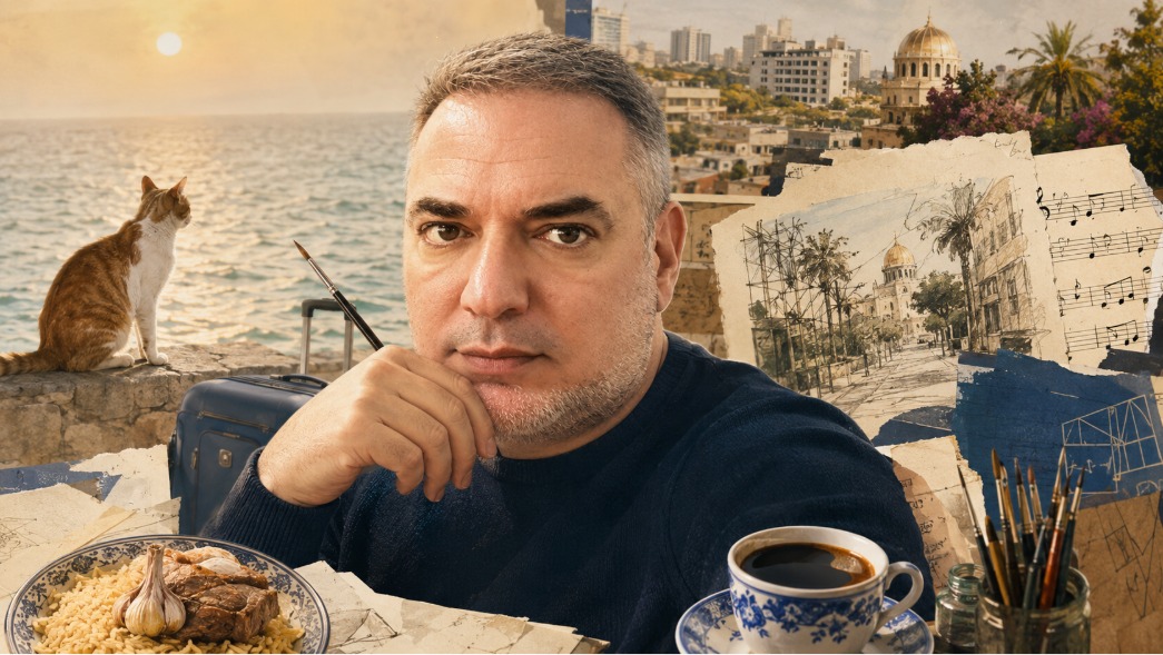 Андрей Попов, кот у моря, чемодан, кисточка, фрагменты рисунков, свет Хайфы, чашка кофе, плов, нотные линии и мягкая ироничная атмосфера мастерской.