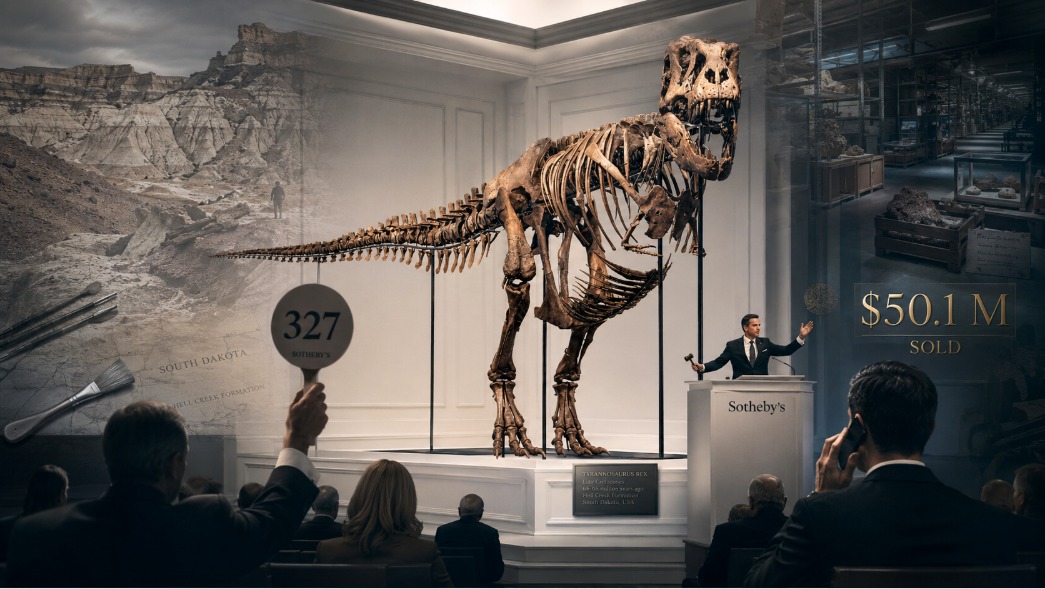  В центре — огромный реалистичный скелет T. rex в строгом белом аукционном зале, освещённый как произведение искусства. Рядом — поднятая табличка аукциониста, телефон анонимного покупателя и графический ценник $50,1 млн. На заднем плане — полупрозрачный ландшафт Южной Дакоты, слои древней породы, археологические инструменты и силуэты музейных витрин, которые постепенно уходят в тень частного хранилища