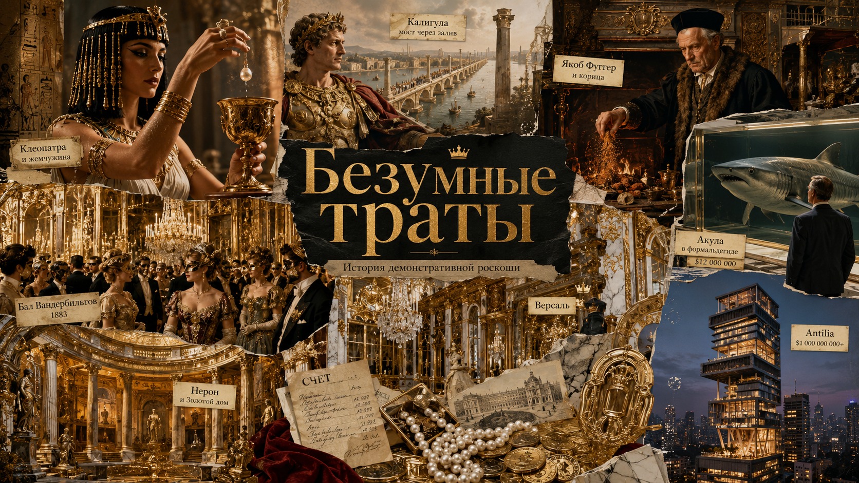 Коллаж: Клеопатра с жемчужиной, Калигула на мосту из кораблей, камин с корицей, бал Вандербильтов и акула Дэмиана Хёрста в аквариуме