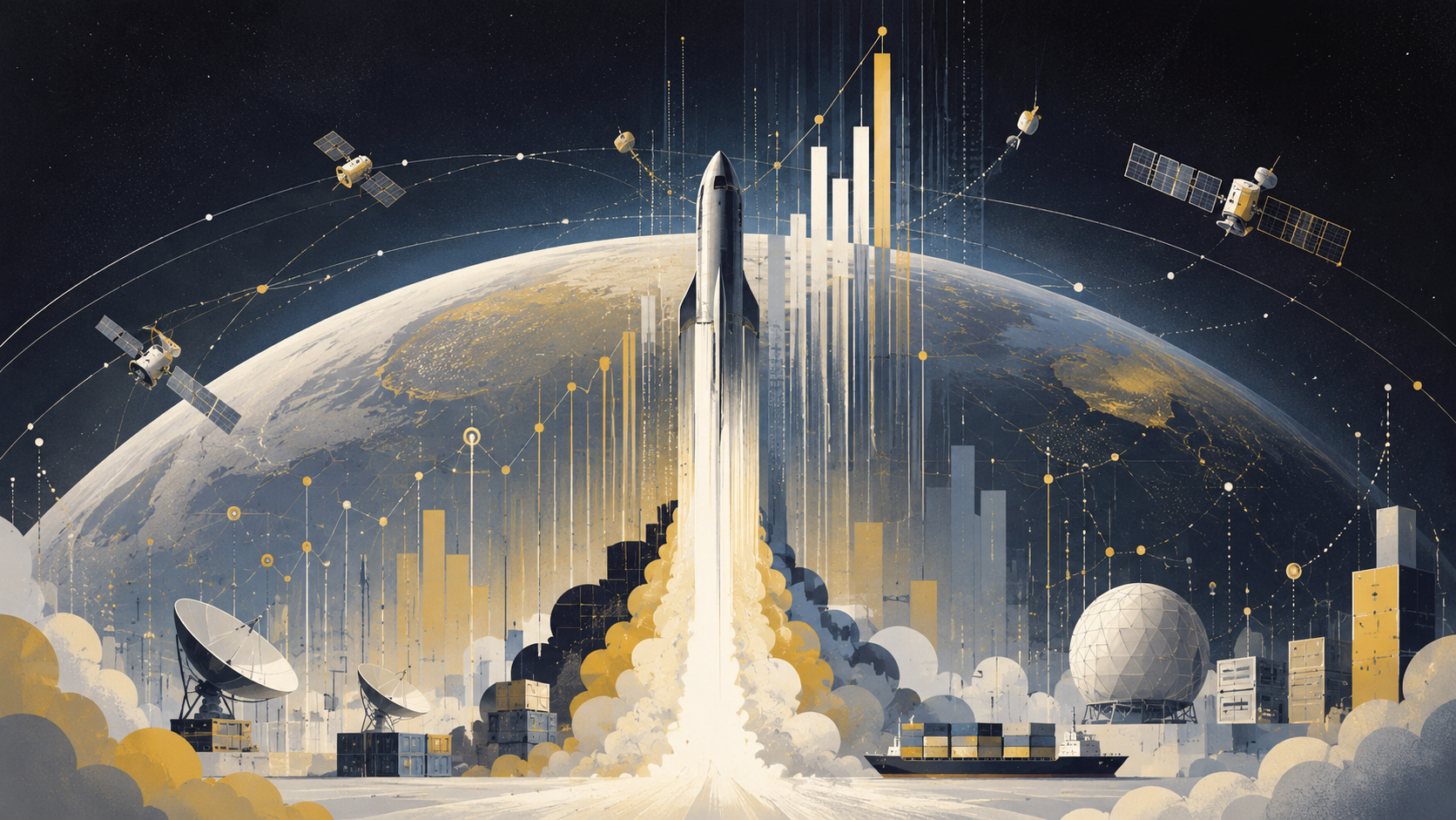 Ракета Starship стартует на фоне биржевых графиков, спутников Starlink, потоков данных и Земли из космоса