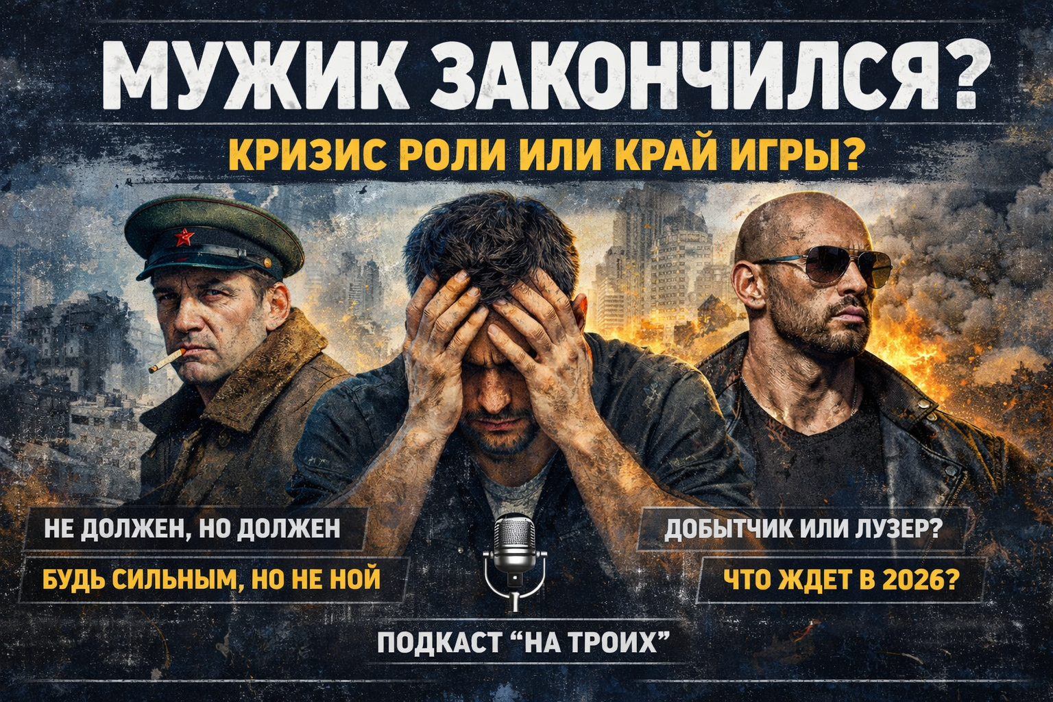Современный мужчина стоит на фоне городских экранов, символов денег, отношений, медиа и социальных ожиданий
