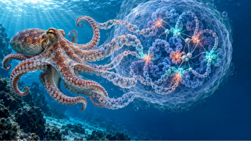 Осьминог на фоне трёхмерных петель ДНК и структуры генома