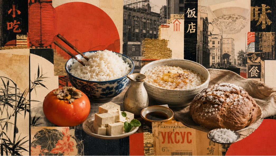 Коллаж: китайская миска риса, уксус, тофу, хурма, русская каша и хлеб-соль на фоне ресторанных вывесок и рекламных упаковок