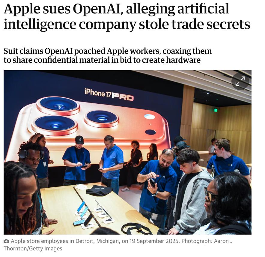 Apple подала иск против OpenAI и обвинила компанию в краже коммерческих секретов для разработки собственного AI-устройства. OpenAI обвинения отвергает, но дело уже выглядит как один из главных скандалов Кремниевой долины.