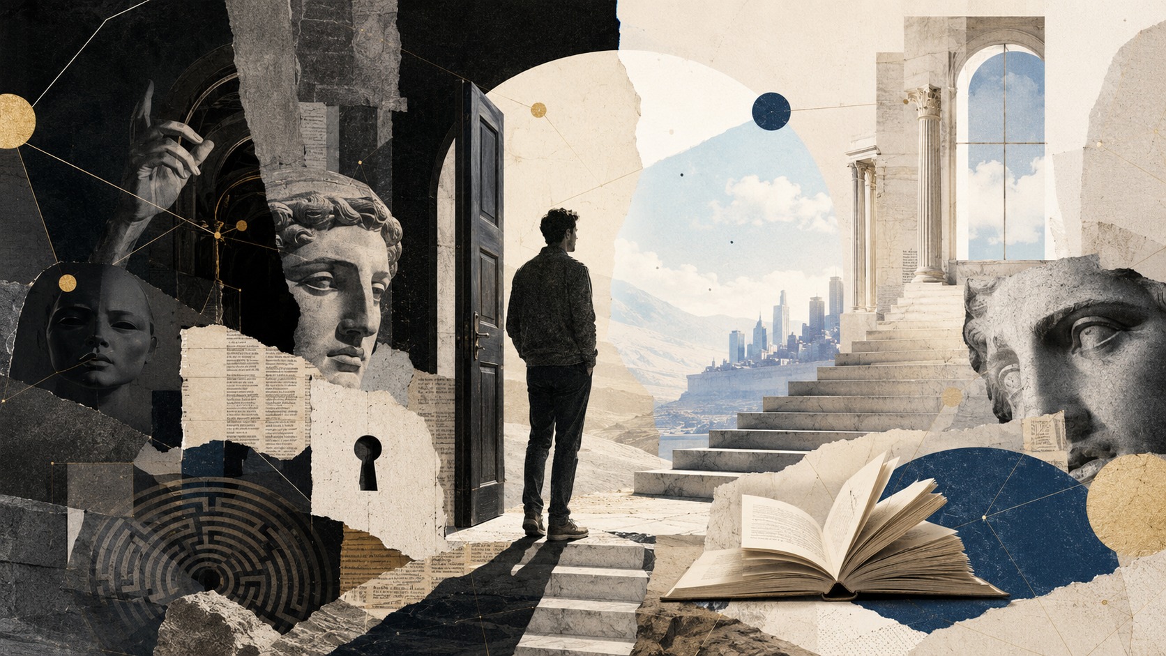 Минималистичный интеллектуальный коллаж: раскрытая книга, человеческий силуэт, световое окно, фрагменты античной скульптуры и современного города. Атмосфера — размышление, свобода, поиск подлинности.