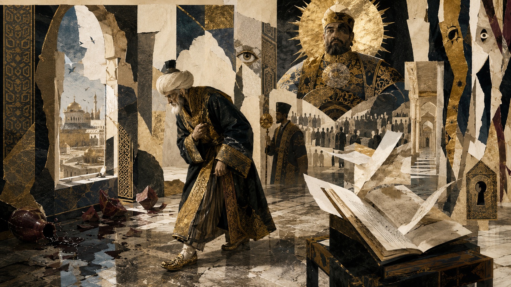 Мраморный дворец, золотые бабуши на полу, раскрытая книга государственных праздников, темный тронный зал, силуэт визиря и солнечный диск над фигурой правителя.