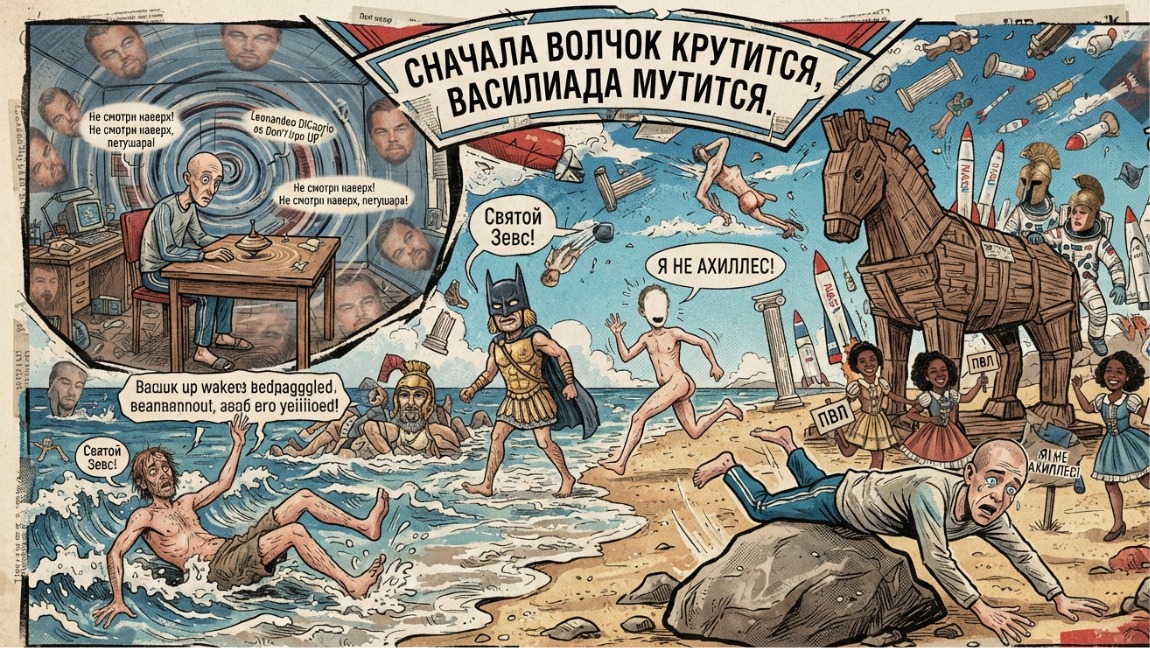  Васек долго смотрел на крутящийся волчок. Волчок на столе все крутился и крутился, Васек всё смотрел и смотрел.   “Если волчок остановится, значит я не сплю.”- думал Васёк. Но волчок не останавливался.  Скоро вся комната стала кружится у него перед глазами. То на потолке, то на полу, то на стене, появлялось размыто лицо Леонардо Дикаприо. 